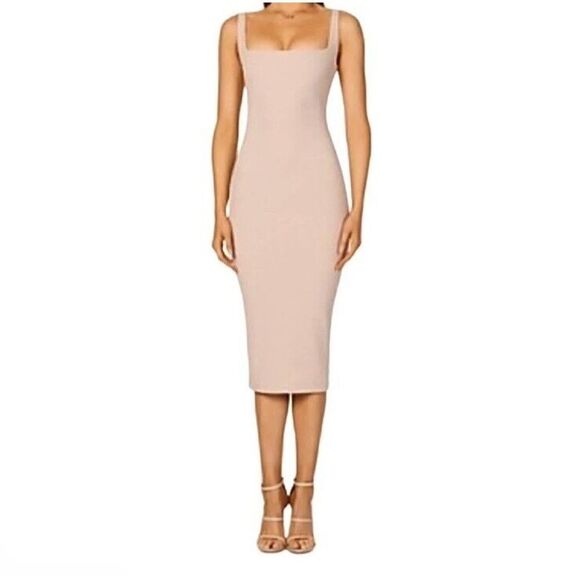 Nookie Sz L Rendezvous Nude Pink Midi Dress body con Stretch NWT $239 Revolve - Picture 2 of 12